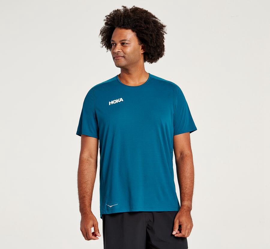 Top Hoka One One Hombre Azules - Performance Short Sleeve - IPXD35281